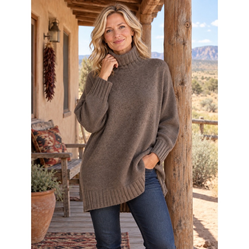 Holt Renfrew Classic 100% Cashmere Tunic Turtleneck Sweater Dk Sand Neutral Sz M